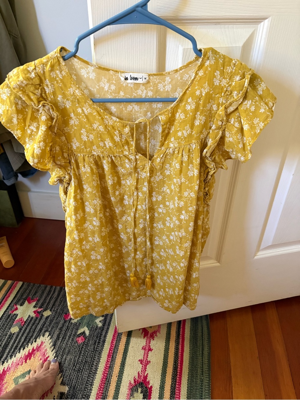 In Loom Yellow Floral Ruffle Sleeve Peasant Top